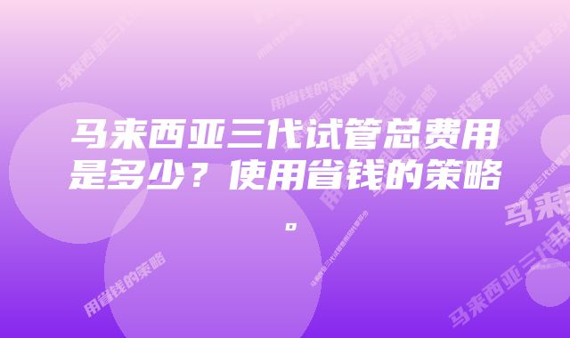 马来西亚三代试管总费用是多少？使用省钱的策略。