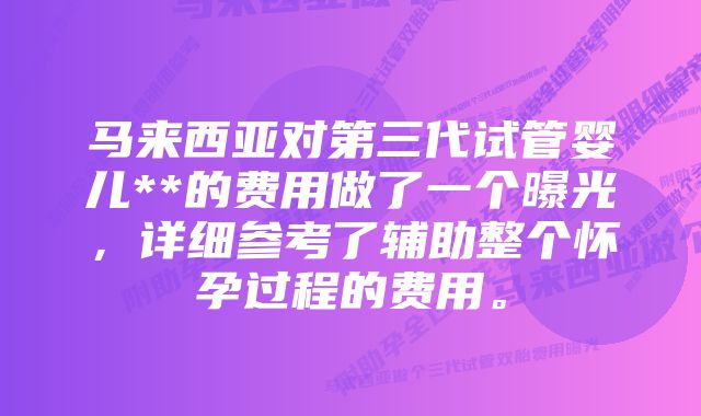 马来西亚对第三代试管婴儿**的费用做了一个曝光，详细参考了辅助整个怀孕过程的费用。