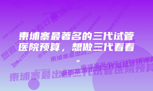 柬埔寨最著名的三代试管医院预算，想做三代看看。