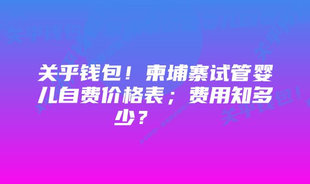 关乎钱包！柬埔寨试管婴儿自费价格表；费用知多少？    