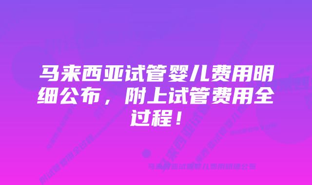 马来西亚试管婴儿费用明细公布，附上试管费用全过程！