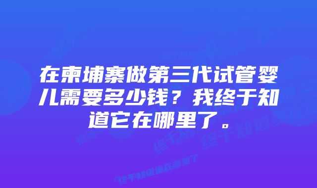 在柬埔寨做第三代试管婴儿需要多少钱？我终于知道它在哪里了。