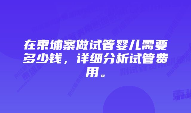 在柬埔寨做试管婴儿需要多少钱，详细分析试管费用。