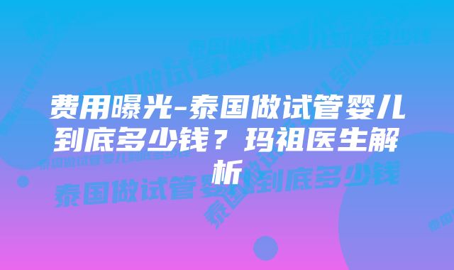 费用曝光-泰国做试管婴儿到底多少钱？玛祖医生解析