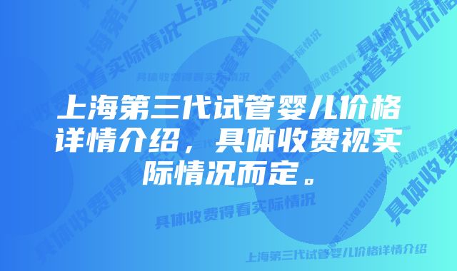 上海第三代试管婴儿价格详情介绍，具体收费视实际情况而定。