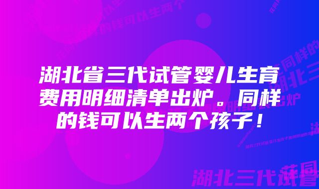 湖北省三代试管婴儿生育费用明细清单出炉。同样的钱可以生两个孩子！