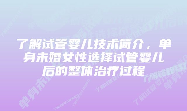 了解试管婴儿技术简介，单身未婚女性选择试管婴儿后的整体治疗过程